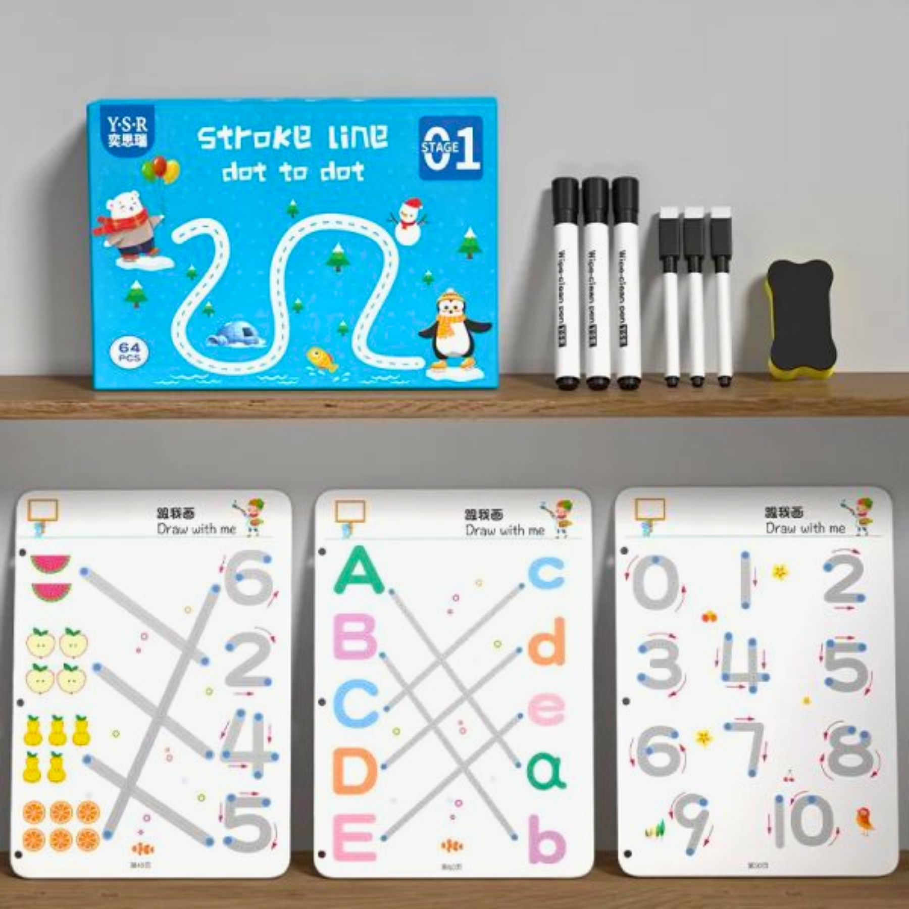 A4 Kids Educational Learning Tracing Book | 64 Pages Dot-to-Dot Activity Workbook with 2 Markers & Duster (Big Size)